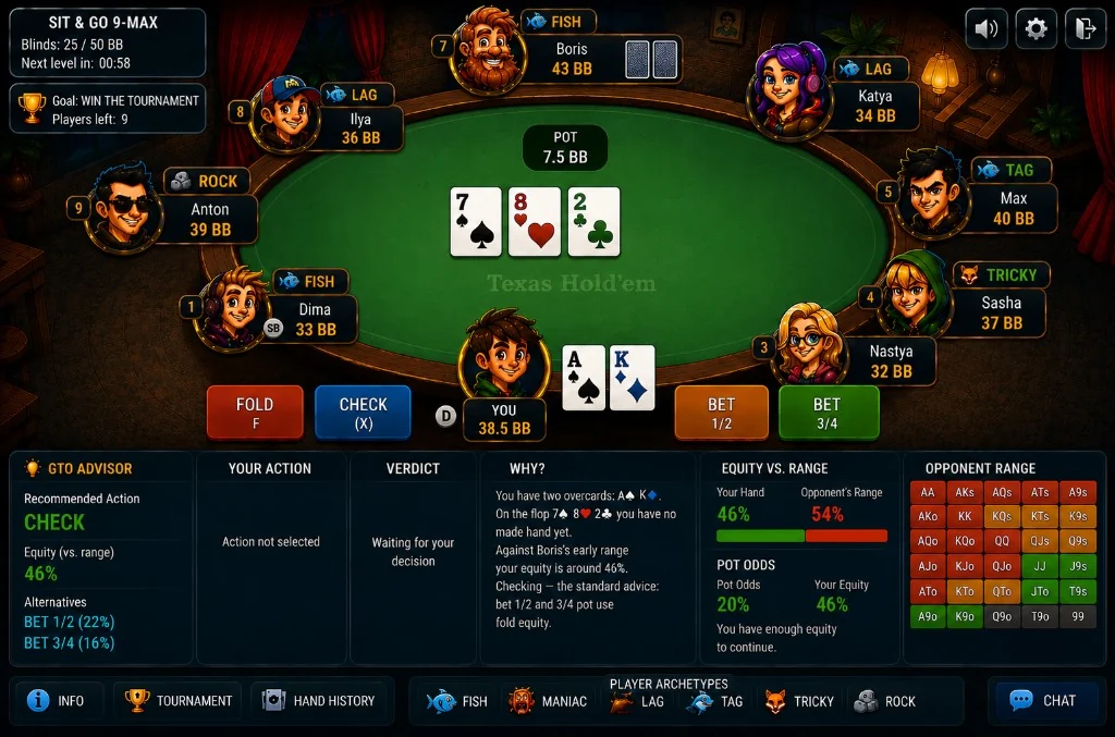 AI poker coach and trainer — Texas Hold'em table with AI opponents and GTO hints
